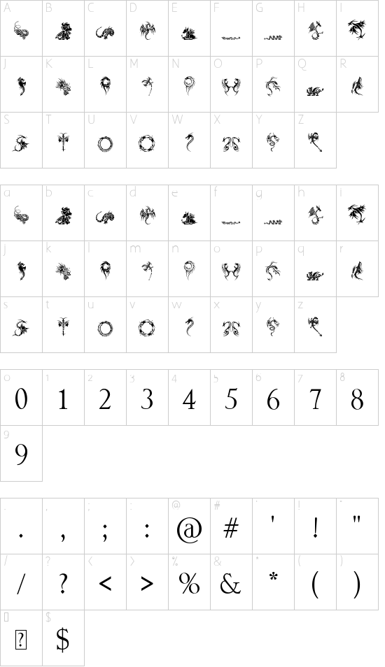 Tribal Dragons Tattoo Designs font character map