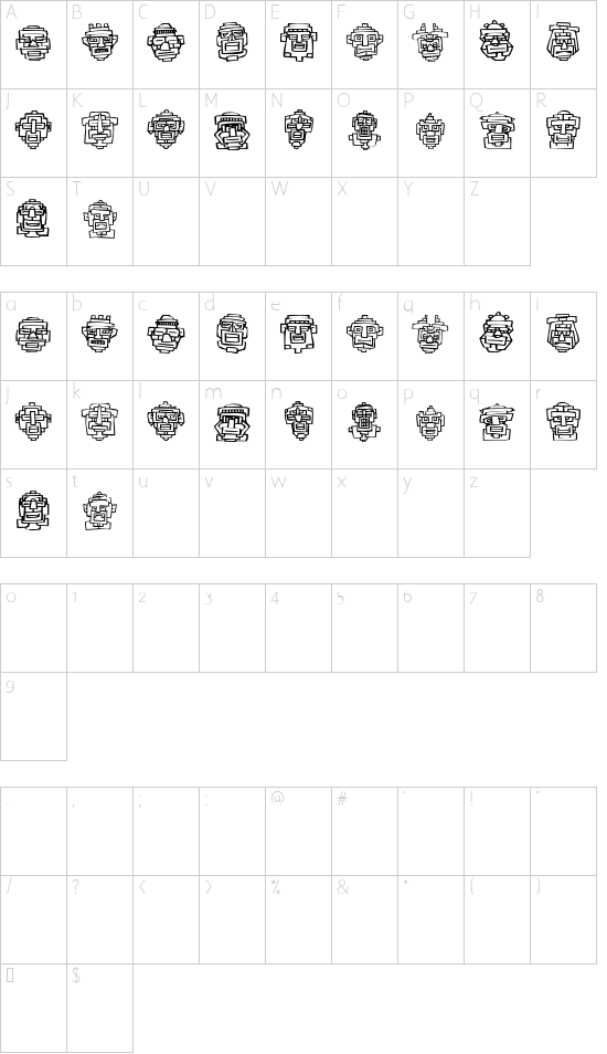 FE 20 Faces font character map