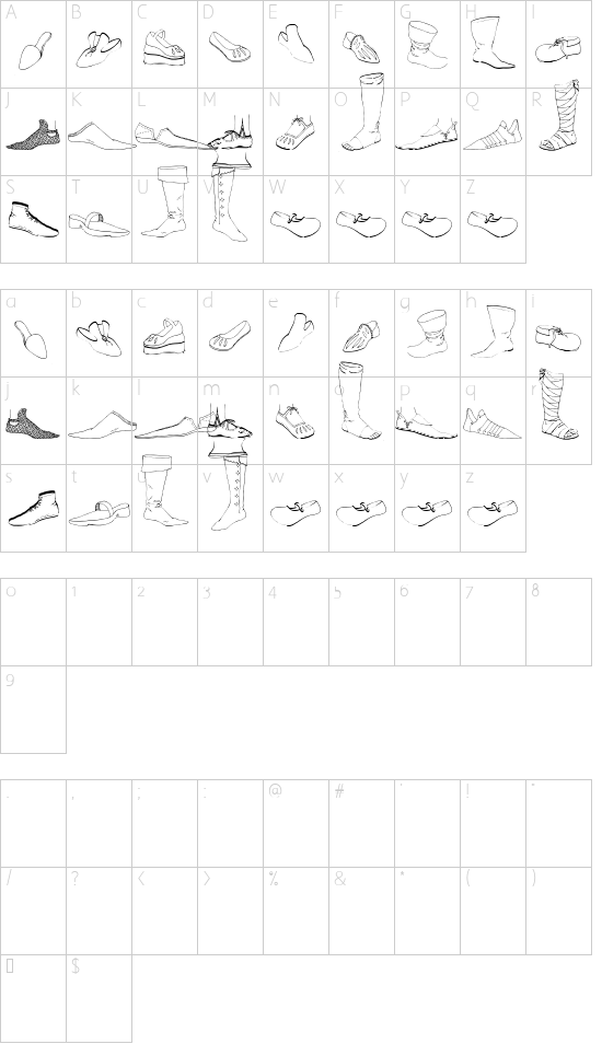 Renaissance Shoes font character map