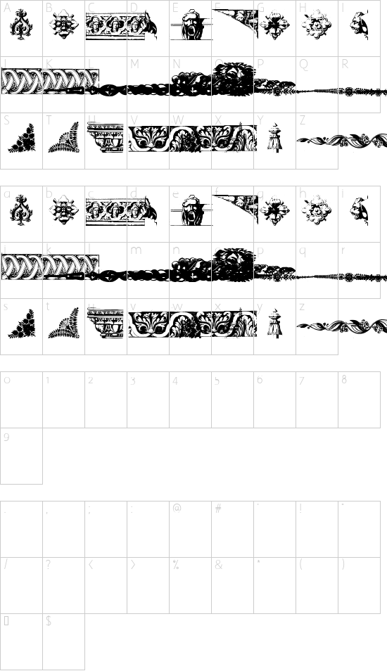 old ornaments font character map