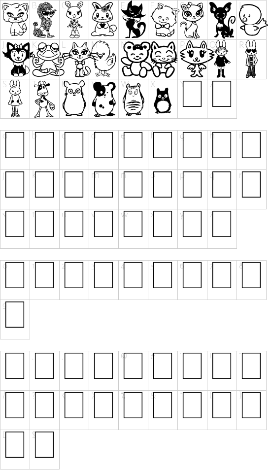 Girly Toons font character map