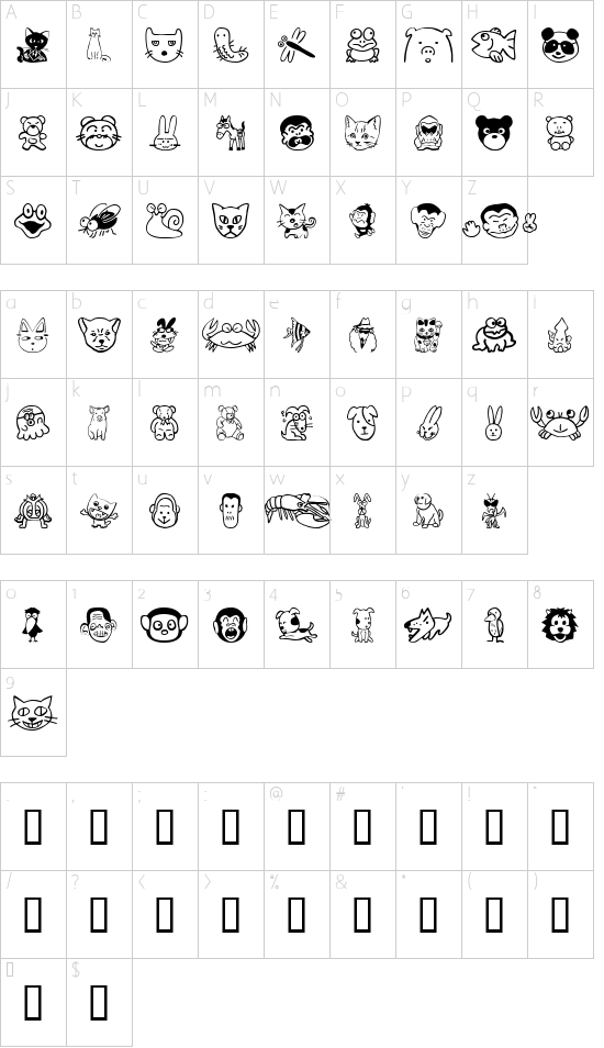 SakabeAnimal01 font character map