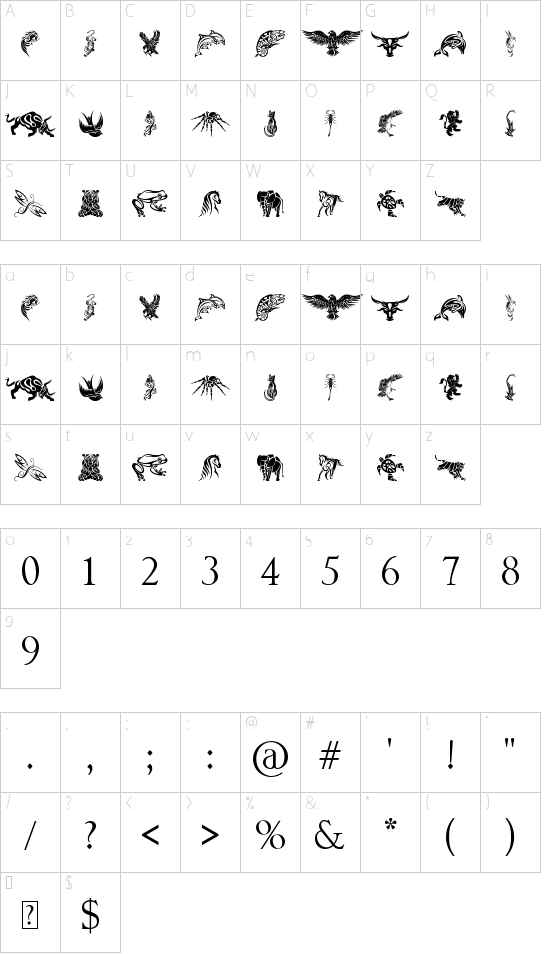 Tribal Animals Tattoo Designs font character map