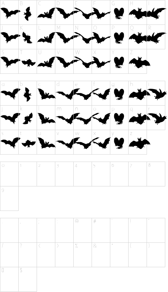 VampyrBats font character map