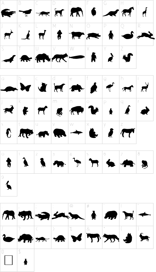 Animals font character map