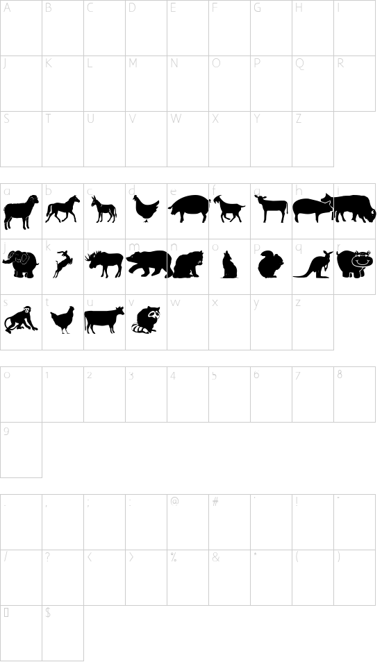 Farm & Wild Animals font character map