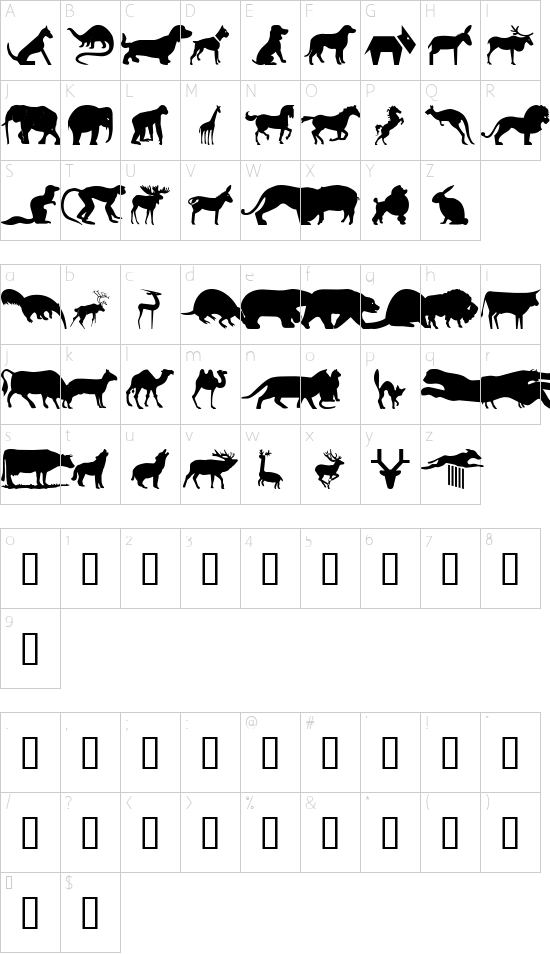 wmanimals2 font character map