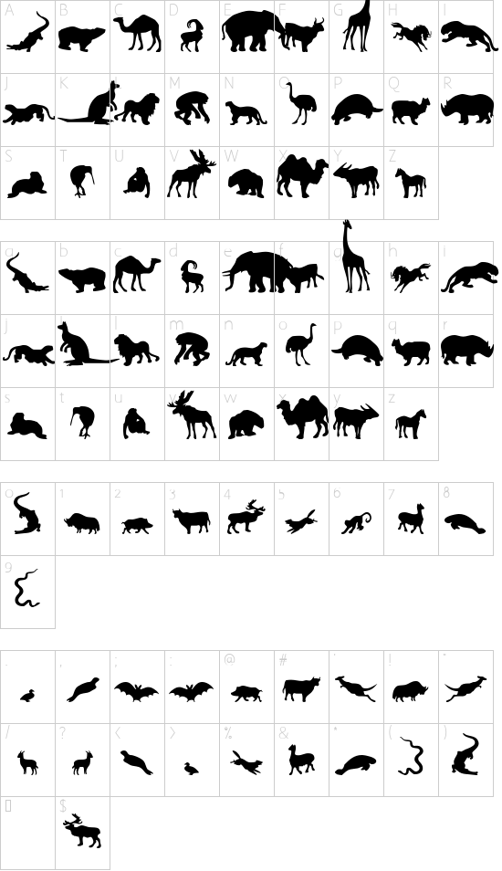Zoologic font character map