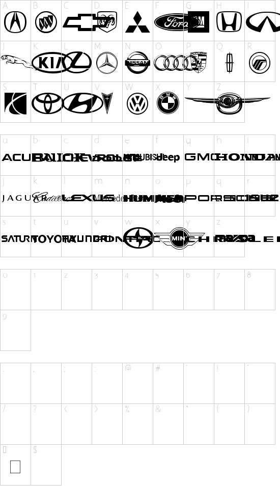 Auto Motive font character map