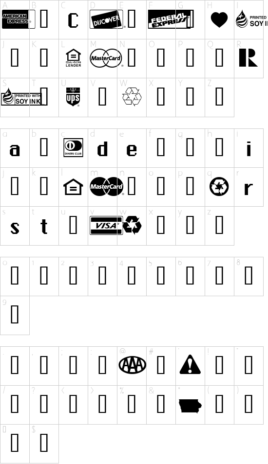 Credit Cards font character map