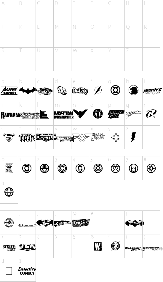 DC Comics font character map