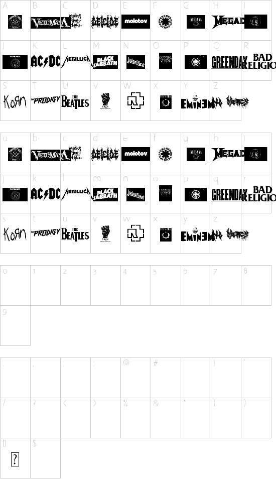 MUSIC LOGOS TFB font character map