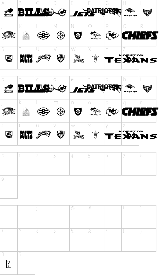 NFL AFC font character map