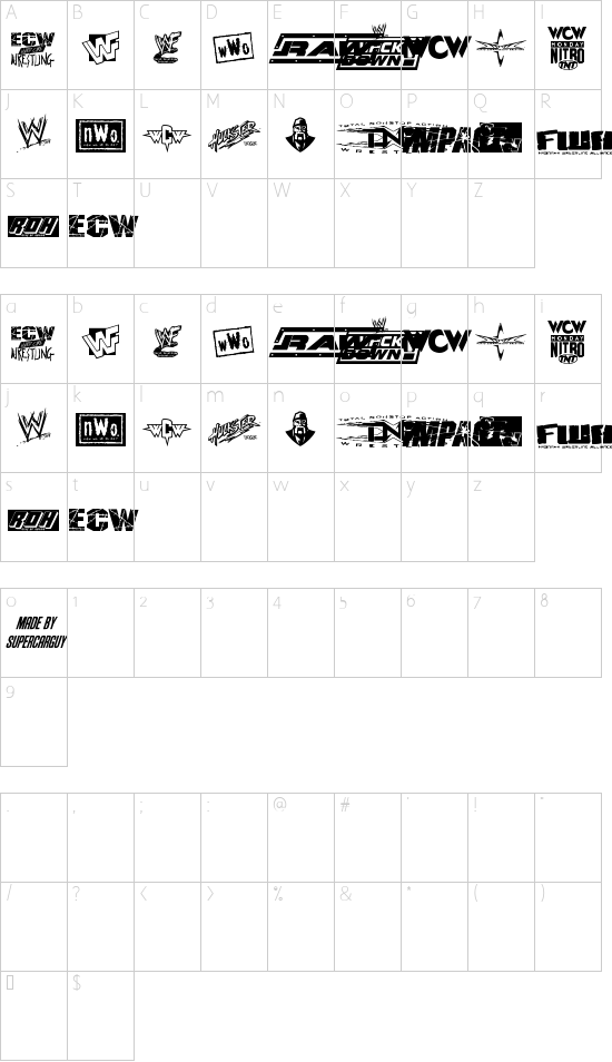 Pro Wrestling Logos font character map