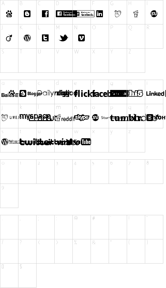 Social Logos font character map