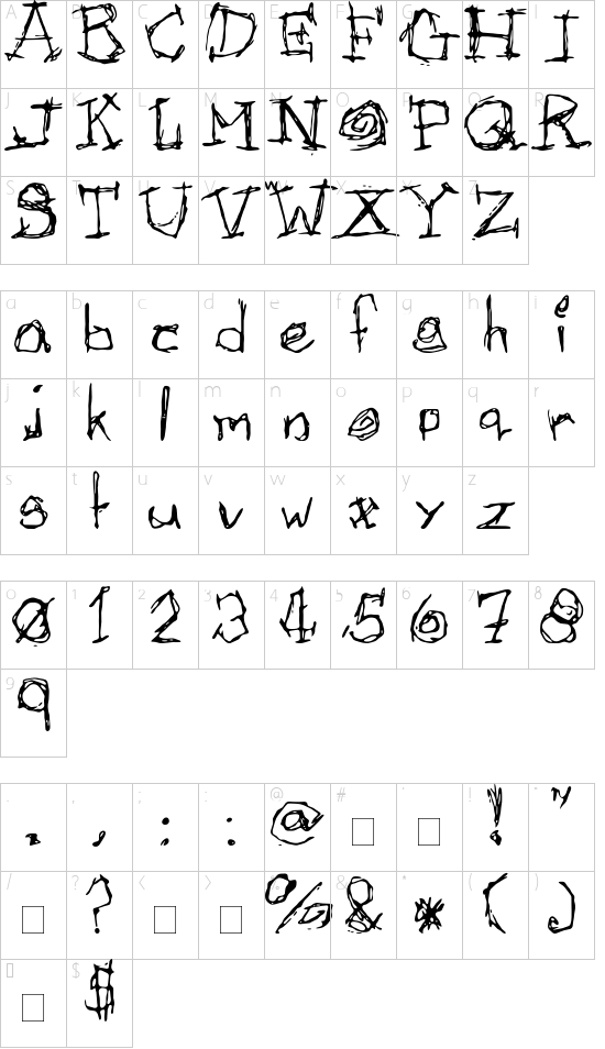 Afectionless font character map