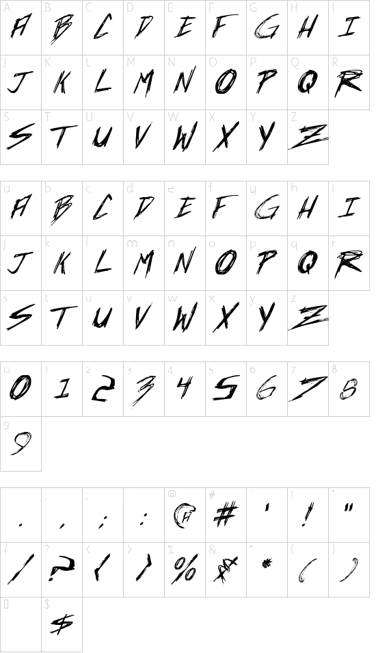 Incubus Italic font character map