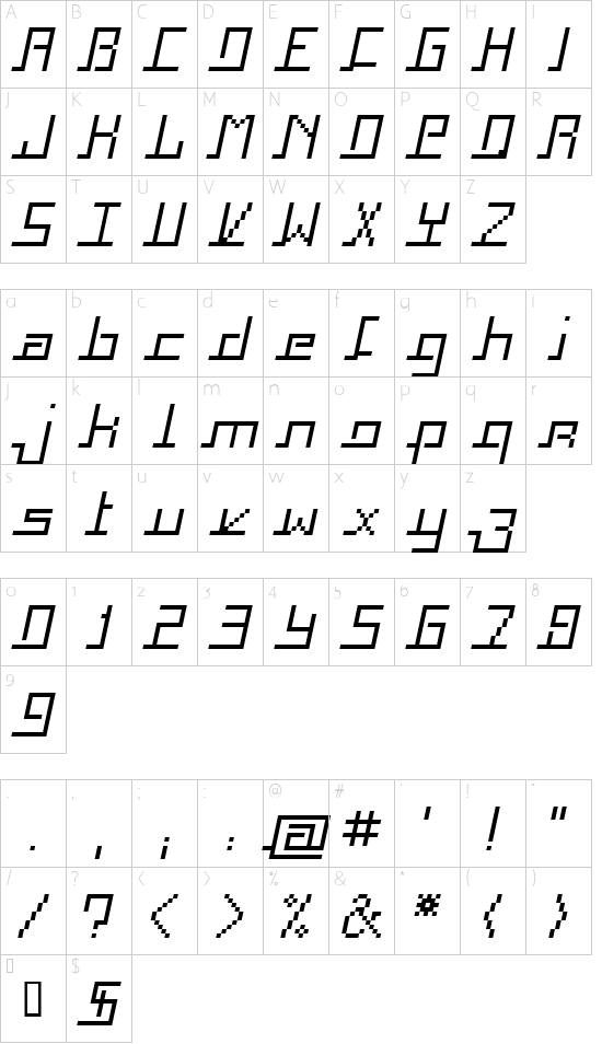 Squaropen Italic font character map