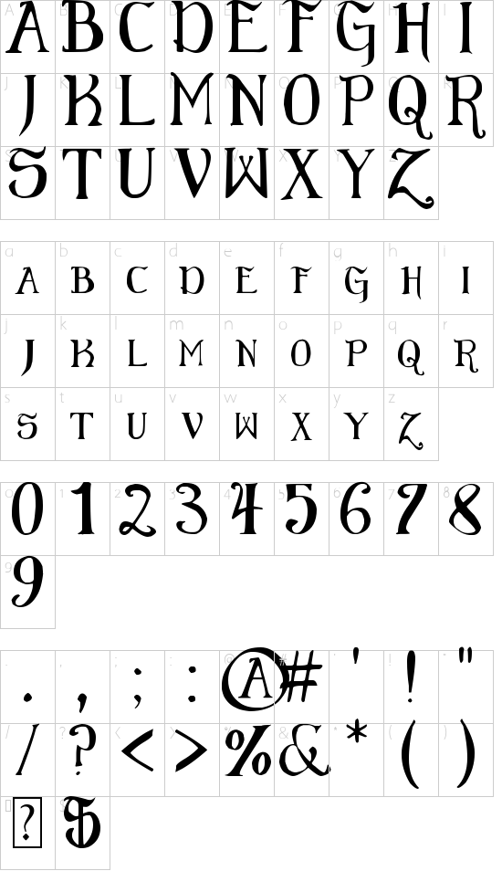 Elementary Gothic font character map