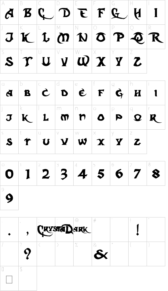 Dark Crystal Outline font character map