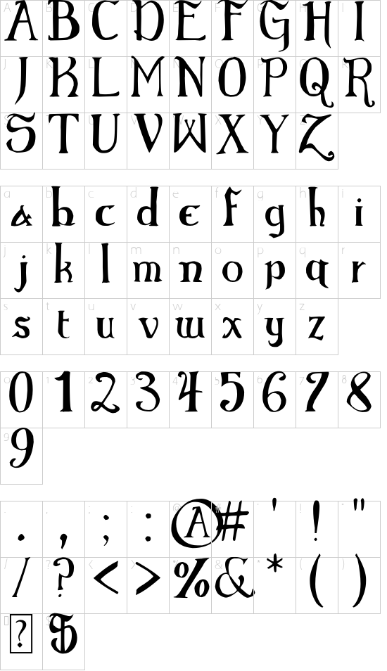 Elementary Gothic font character map