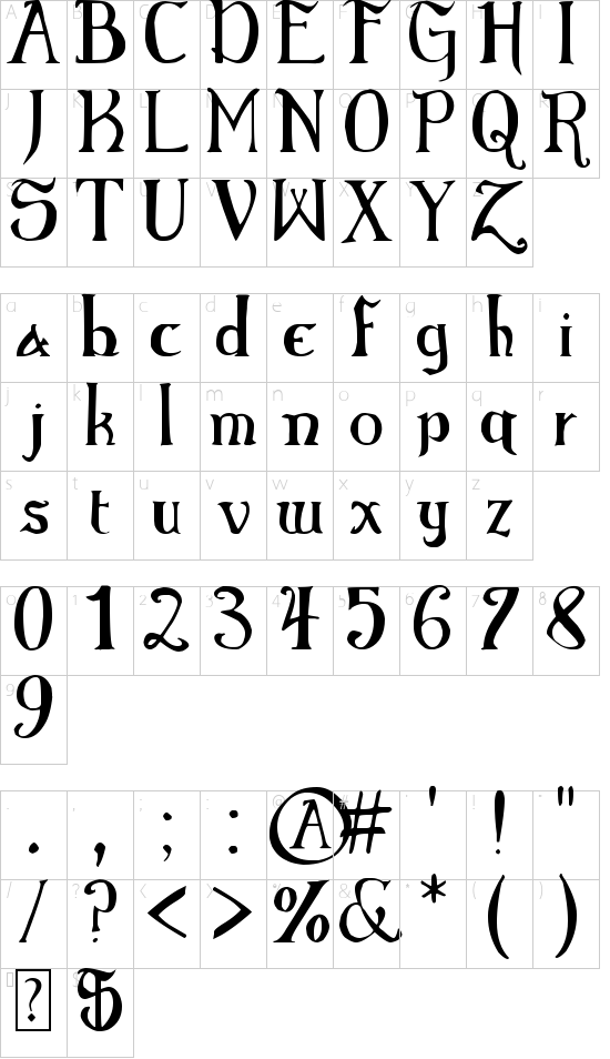 Elementary Gothic font character map