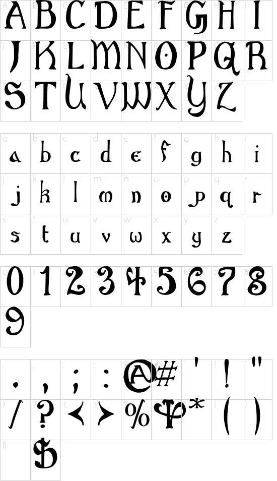 Gothic Birthday Cake font character map
