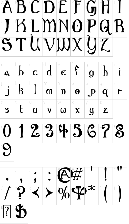 Gothic Birthday Cake font character map
