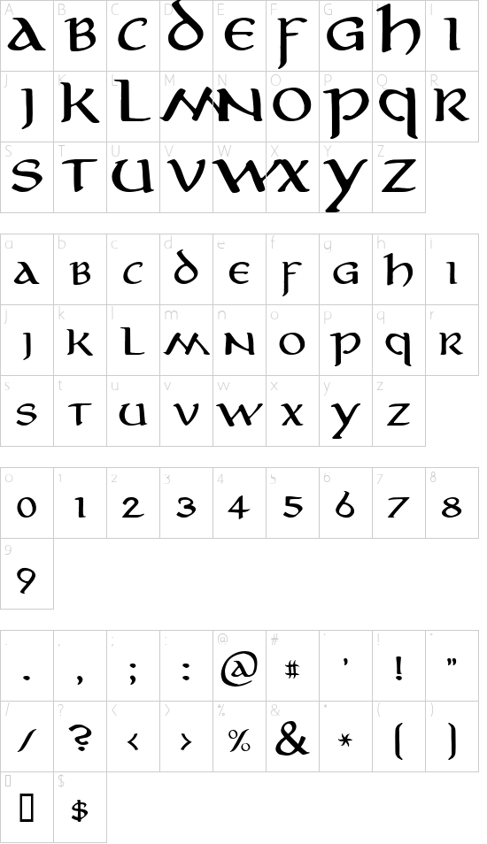 Aniron font character map