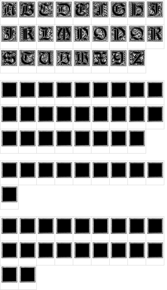 Camelot_Initials font character map