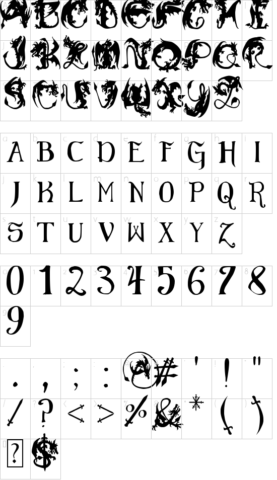Elementary Gothic font character map