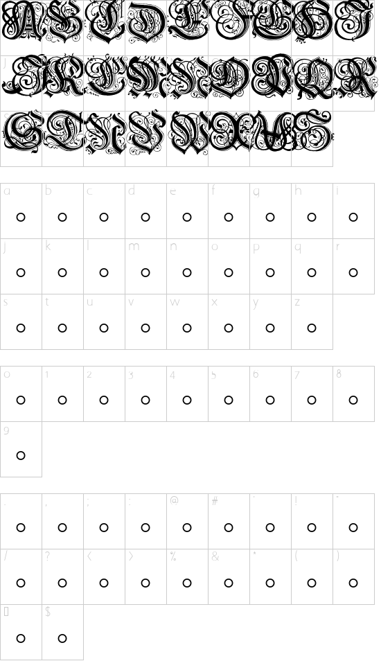 Hentzau_Initials font character map