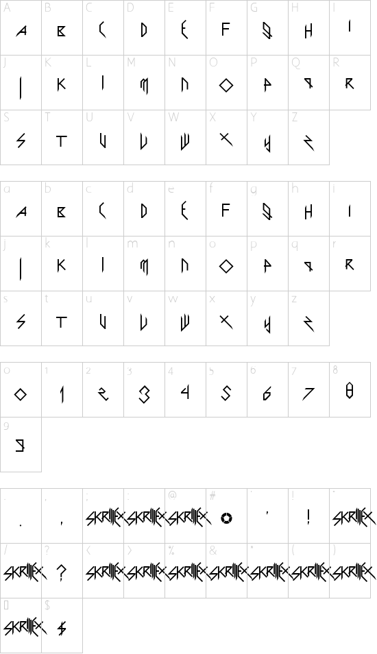 Scary Glyphs and Nice Characters font character map