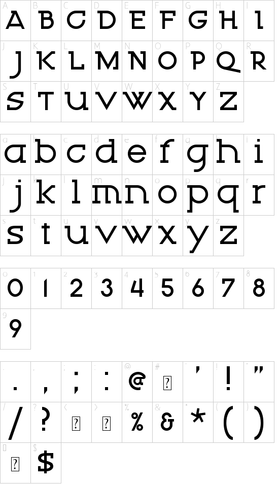 Snevil font character map
