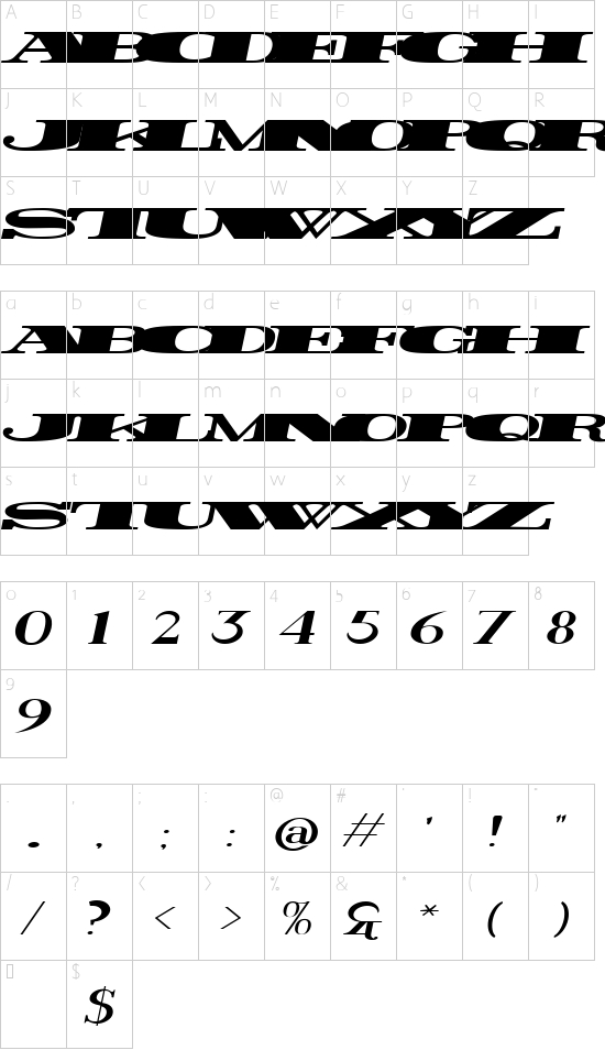 Rider Widest Ultra-expanded ExtraBlack Italic font character map