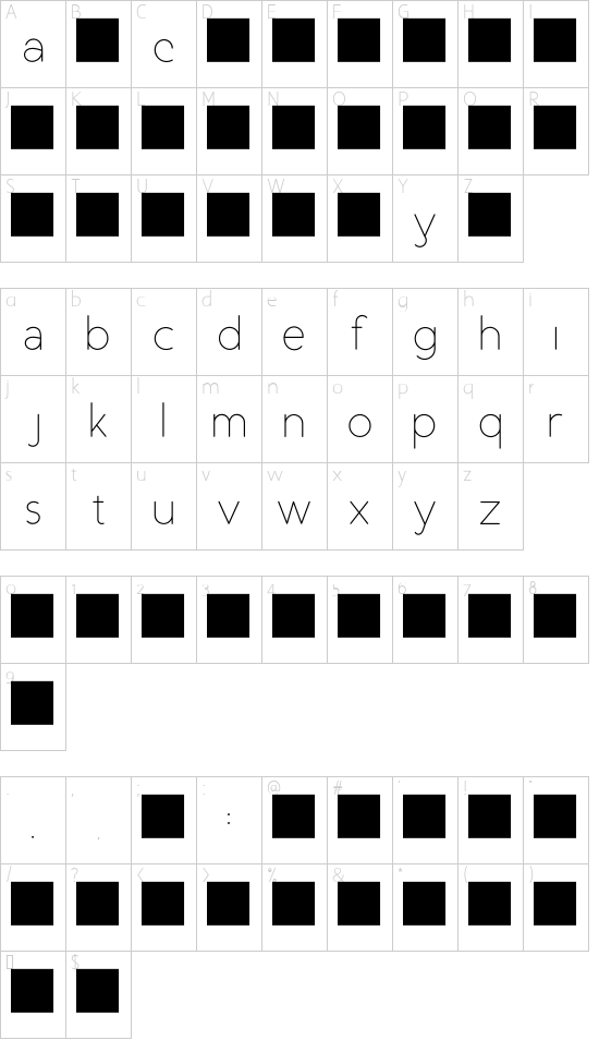 Duase-LightDisplay font character map