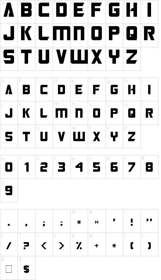 Transformers font character map