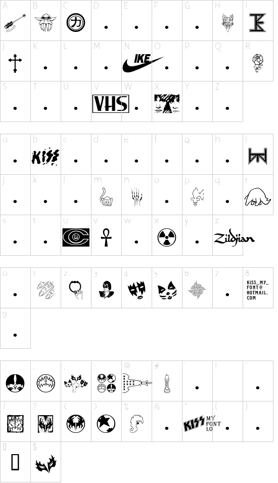 KISS My Font font character map