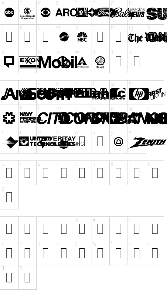 Logos font character map