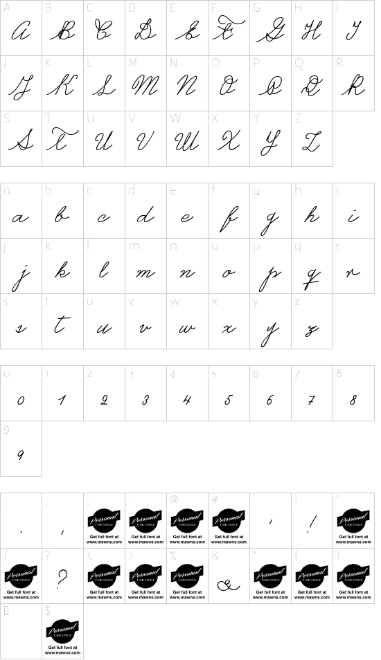 Castro Script PERSONAL USE ONLY font character map
