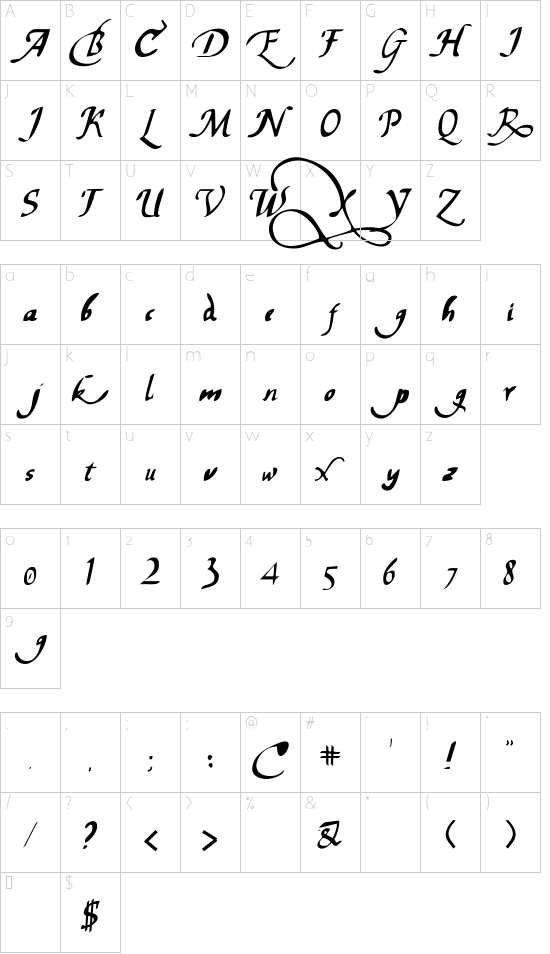 chancelaresca pw font character map