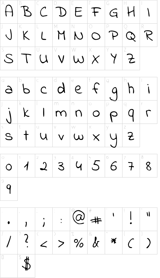 Indie Flower font character map