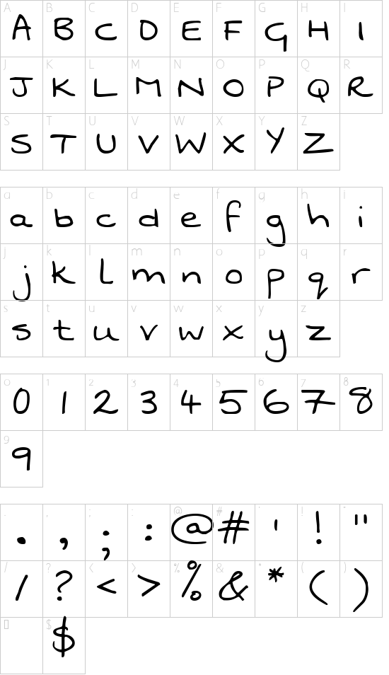 Swanky and Moo Moo font character map