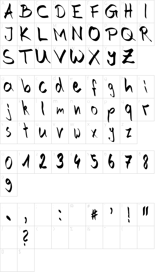Hand of Joe font character map