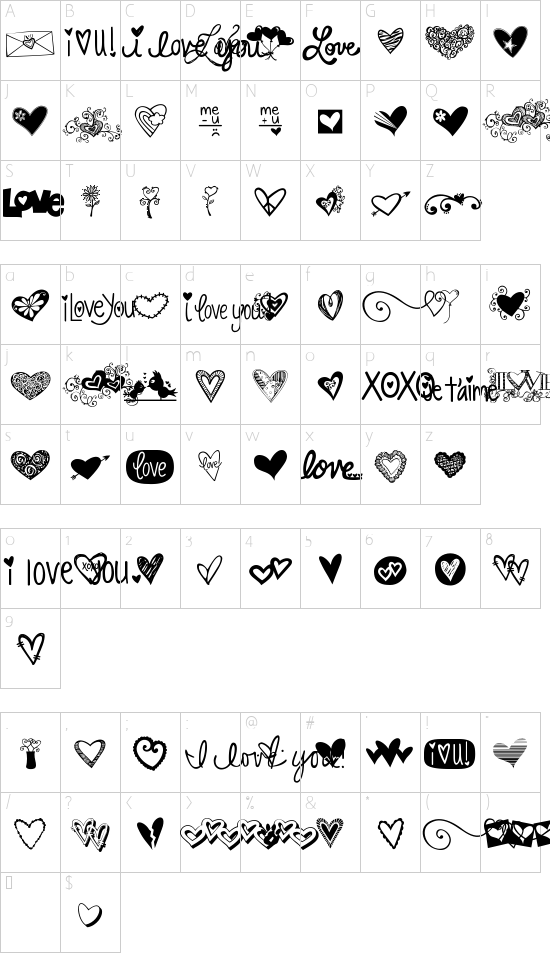 KG Heart Doodles font character map