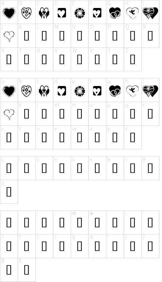 KR Heartiness font character map