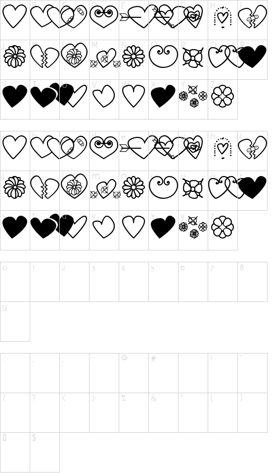 hearts and flowers for valentines font character map