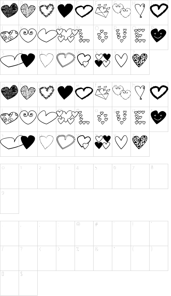 hearts shapess tfb font character map