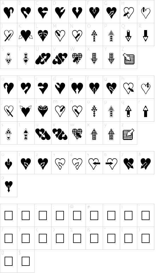 Hearts n Arrows font character map