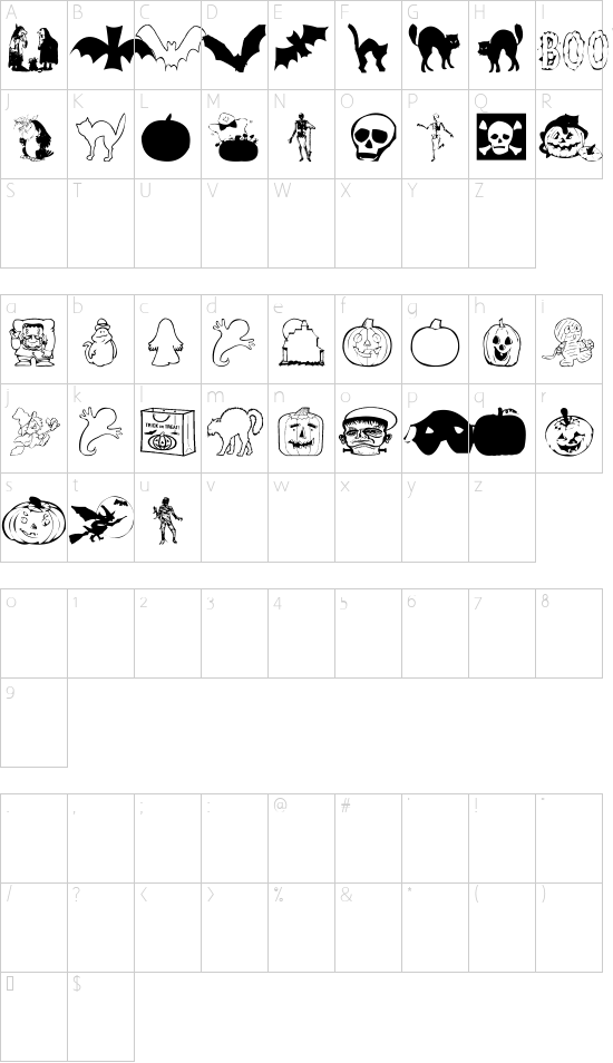 AEZ halloween dingbats font character map